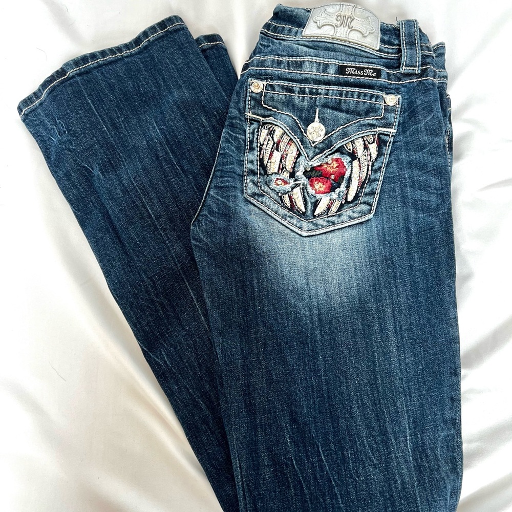 Miss Me Dark Boot Cut Jeans with Floral Pocket